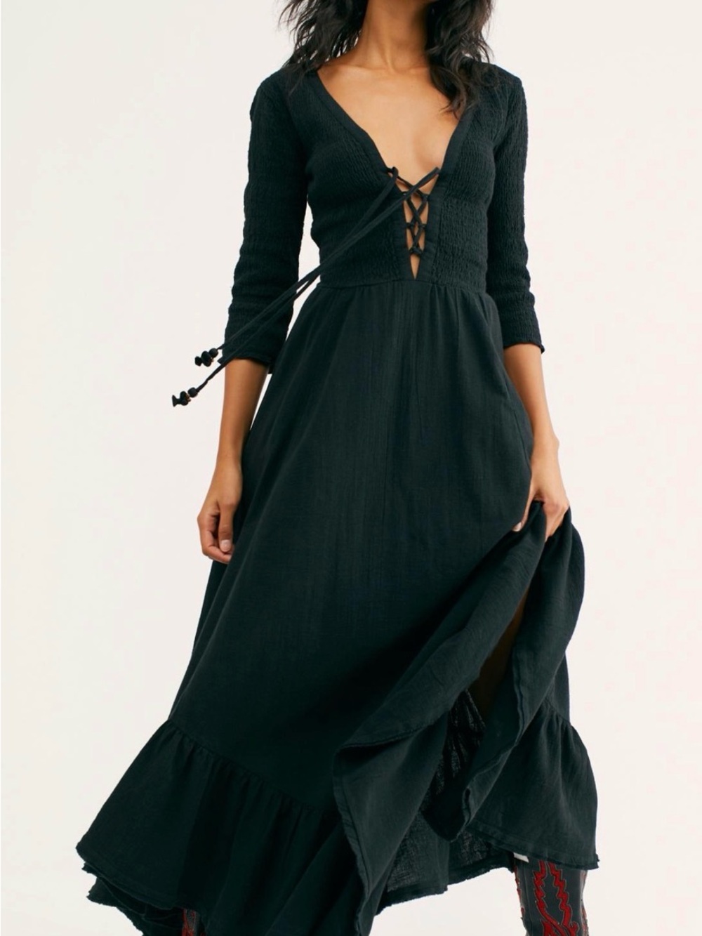 Free People Perfect solution maxi dress. Black Lace-Up V-Neck, size M